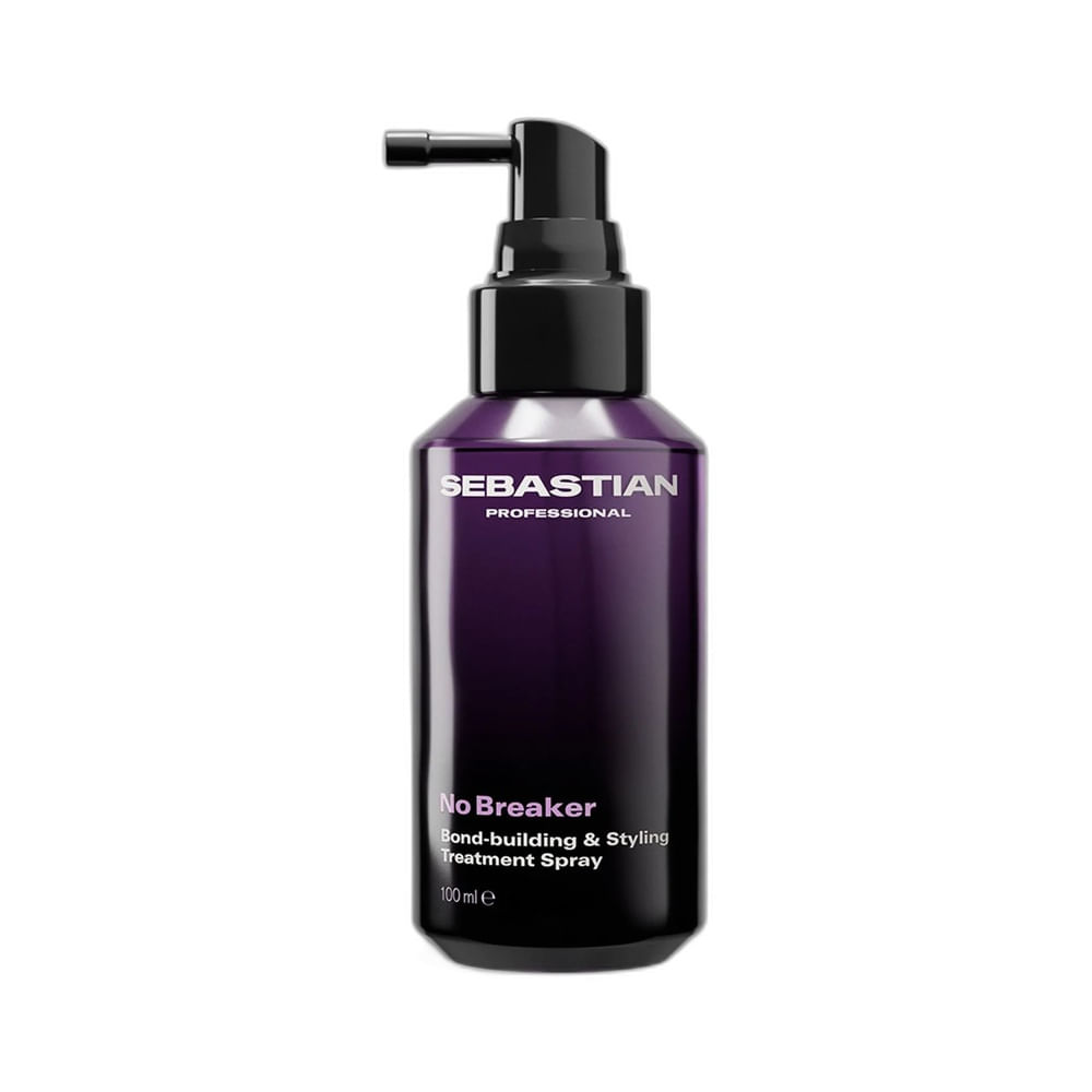 Frasco de spray Leave-In Sebastian No Breaker 100ml, cor roxa, com rótulo da marca.